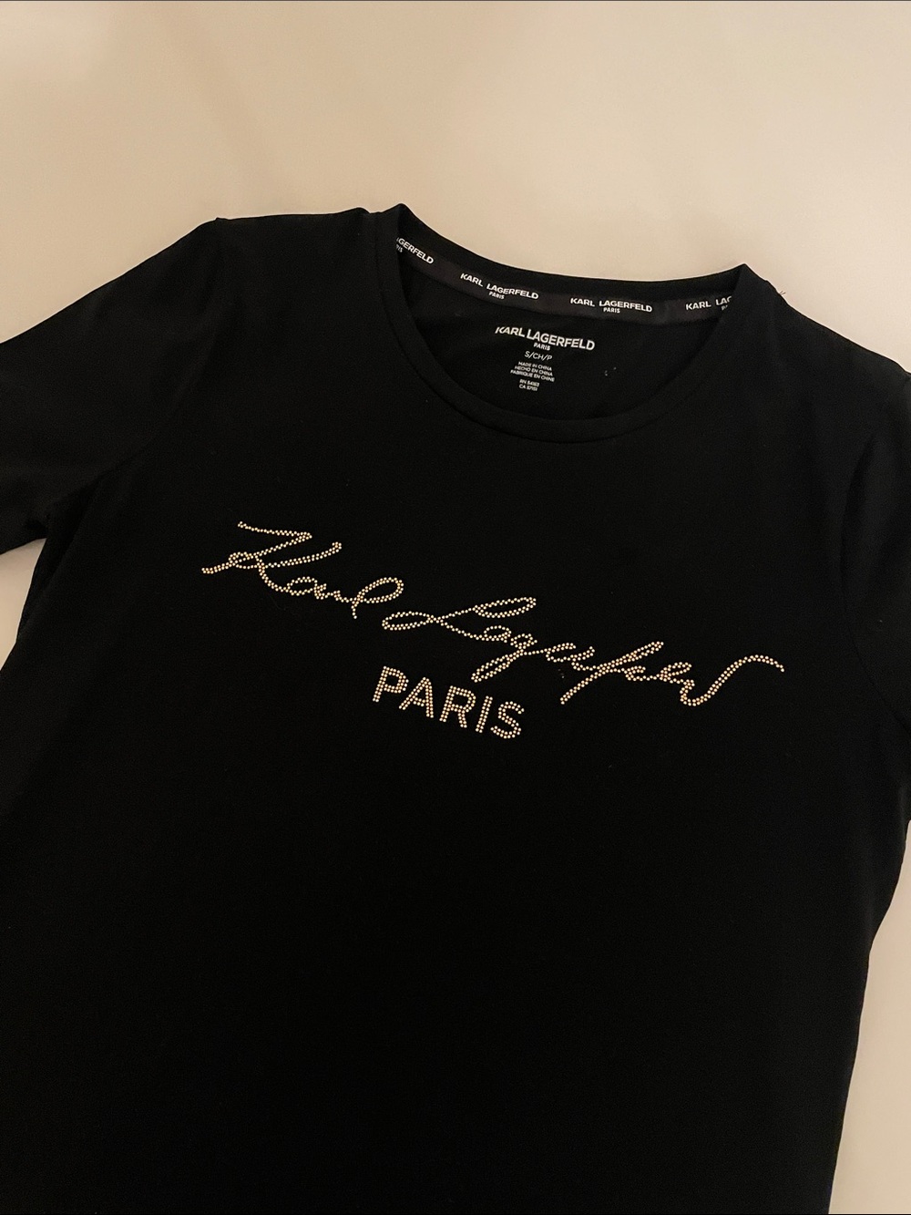 Karl Lagerfeld Women’s Black T-Shirt with Gold Logo Size Small